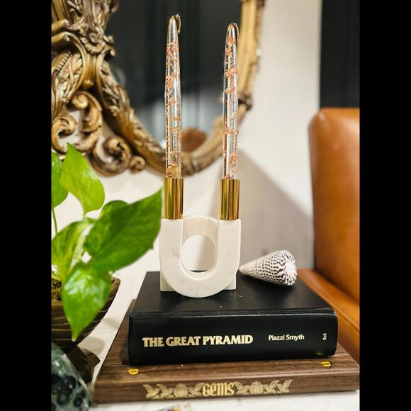 Vintage Gregorian Lucite Candlesticks With Copper Flakes Non-Burning Lucite - Picture 2 of 7